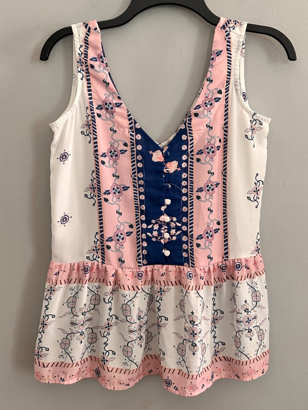 Boho Floral Sleeveless Babydoll Top XS Pink Blue V-Neck Boutique Blouse